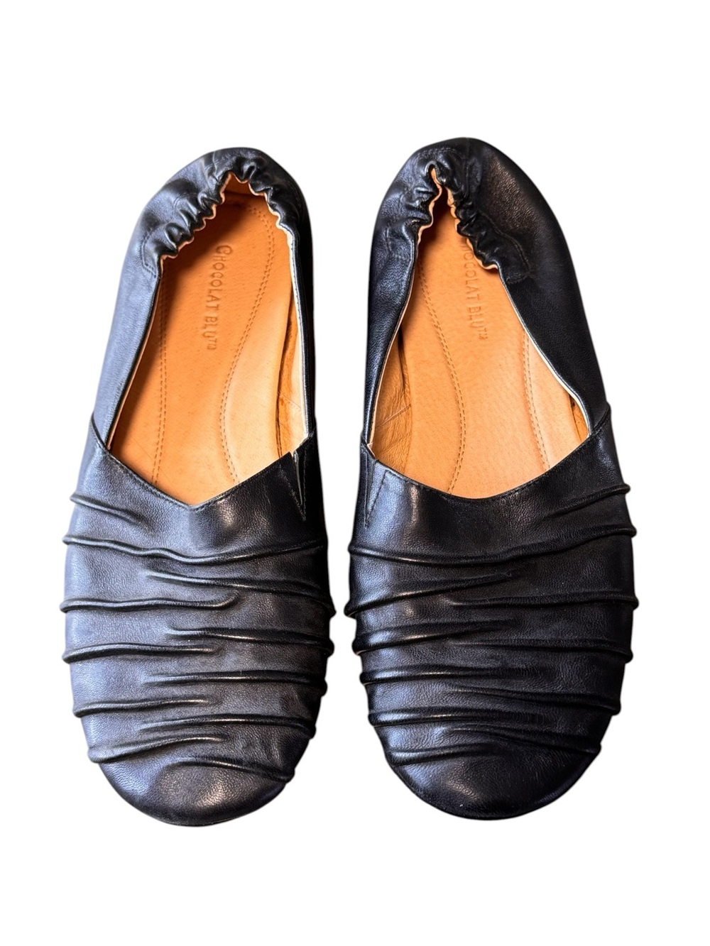 Chocolat Blu Black Leather Ruched Pleated Ballet Flats